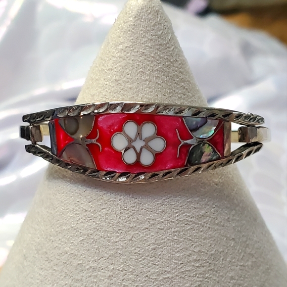 Vintage Baby Girls Alpaca Mexico Silver Pink Abalone and Floral Bracelet - Picture 1 of 10